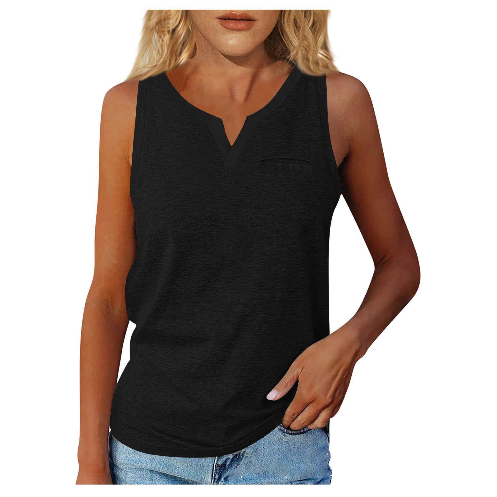 

Summer Women s V Neck Sleeveless Cuff Color Short Sleeve Pocket Casual Street T-Shirt Top Vest M чёрный