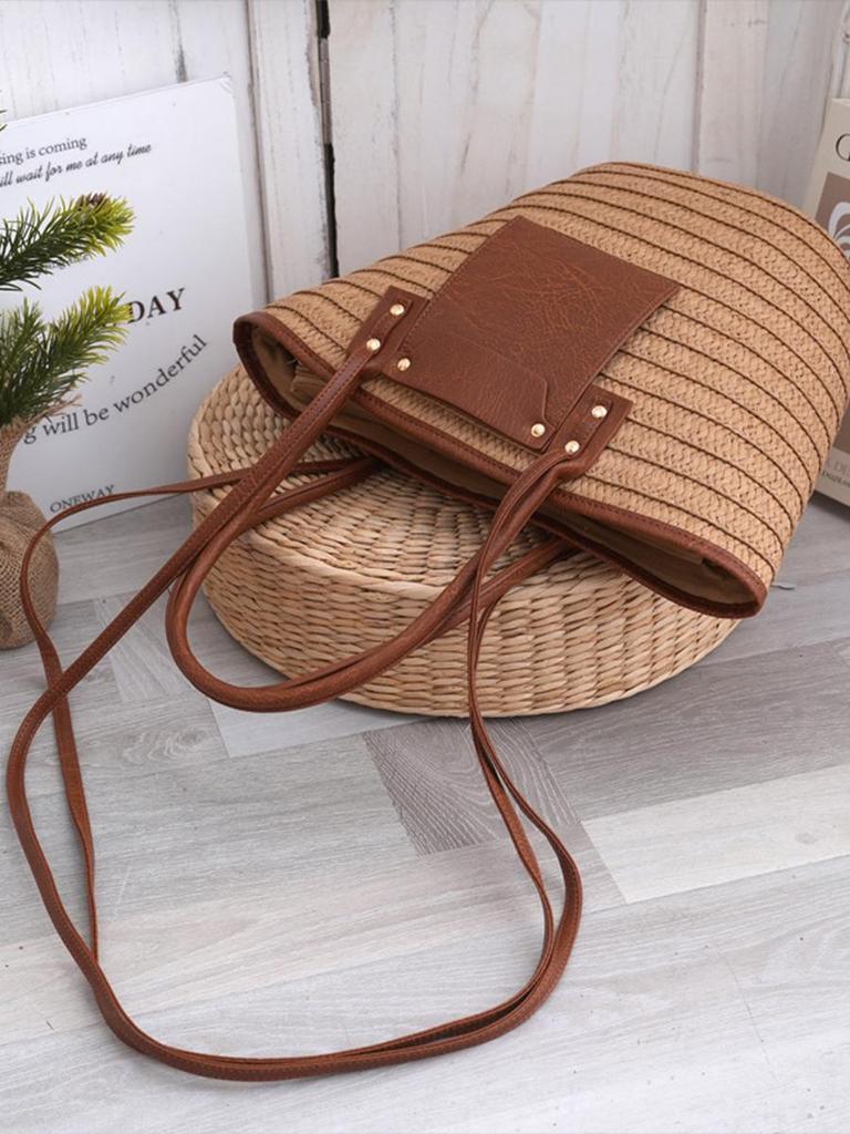European & American Retro Women's Handmade Woven Straw Shoulder Bag, Casual Vacation Style