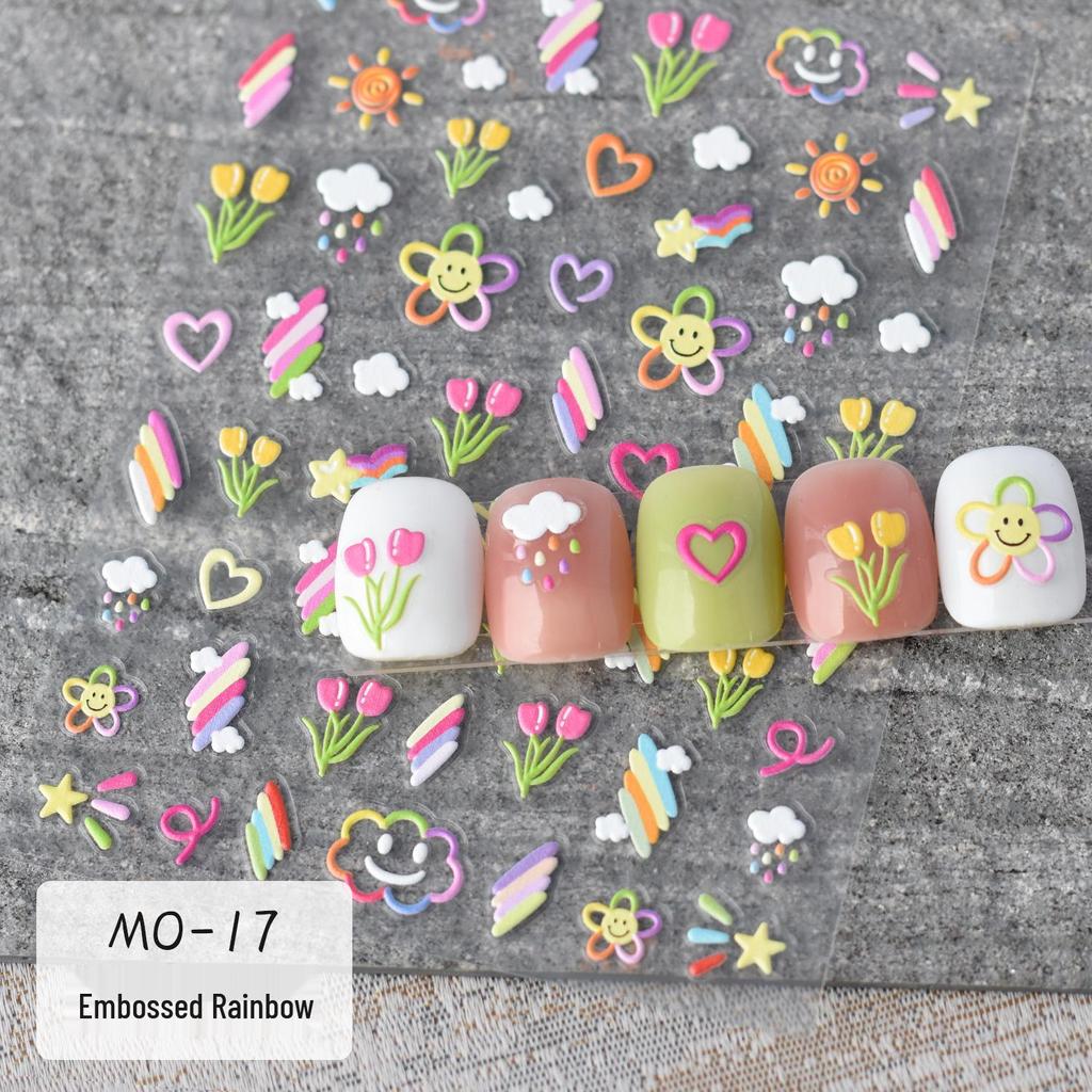 Embossed Tulip & Rainbow Nail Decals with Cute Rabbit & Flower Starburst