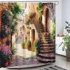 European Street Shower Curtain Flower Alley Stone Path Design Mediterranean Art Romantic Home Decor Waterproof Printed Bath