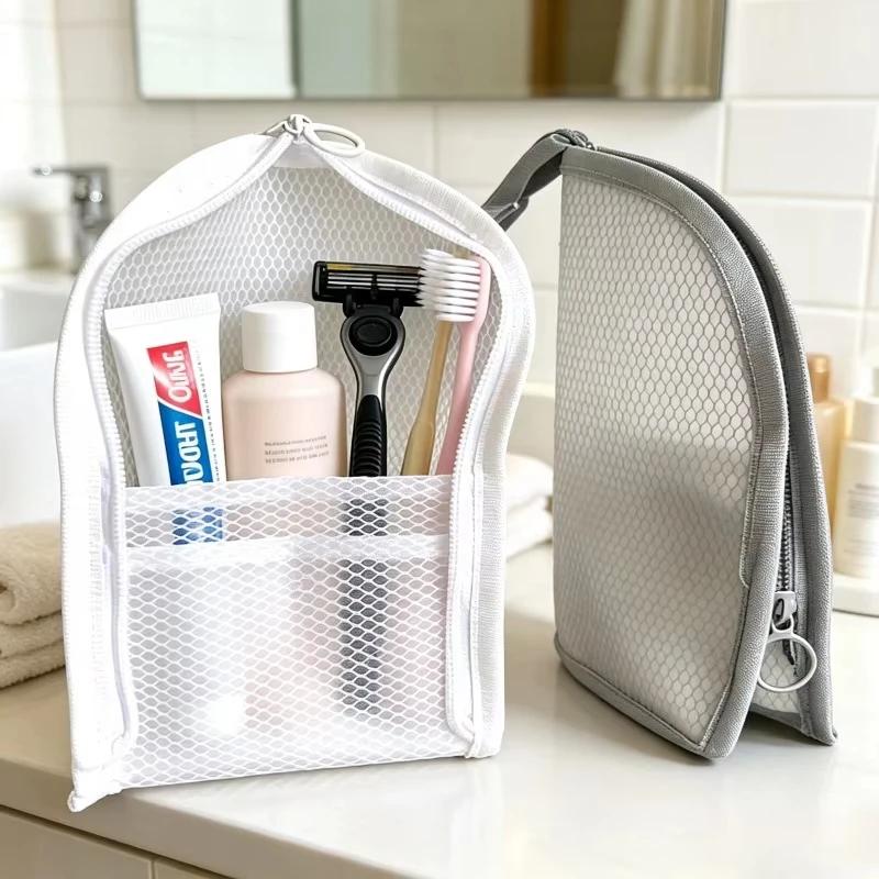 New Portable Standing Mesh Toiletry Bag Waterproof Travel Foldable Toothbrush Cosmetic Organizer Bedroom Bathroom Storage Pouch