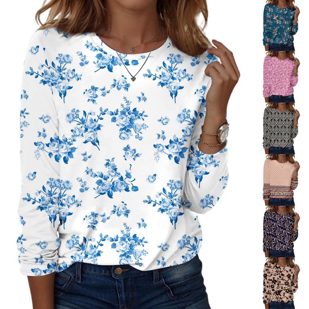 Long Sleeve Shirts For Women Cute Print Graphic Tees Blouses Casual Plus Size Basic Tops Pullover