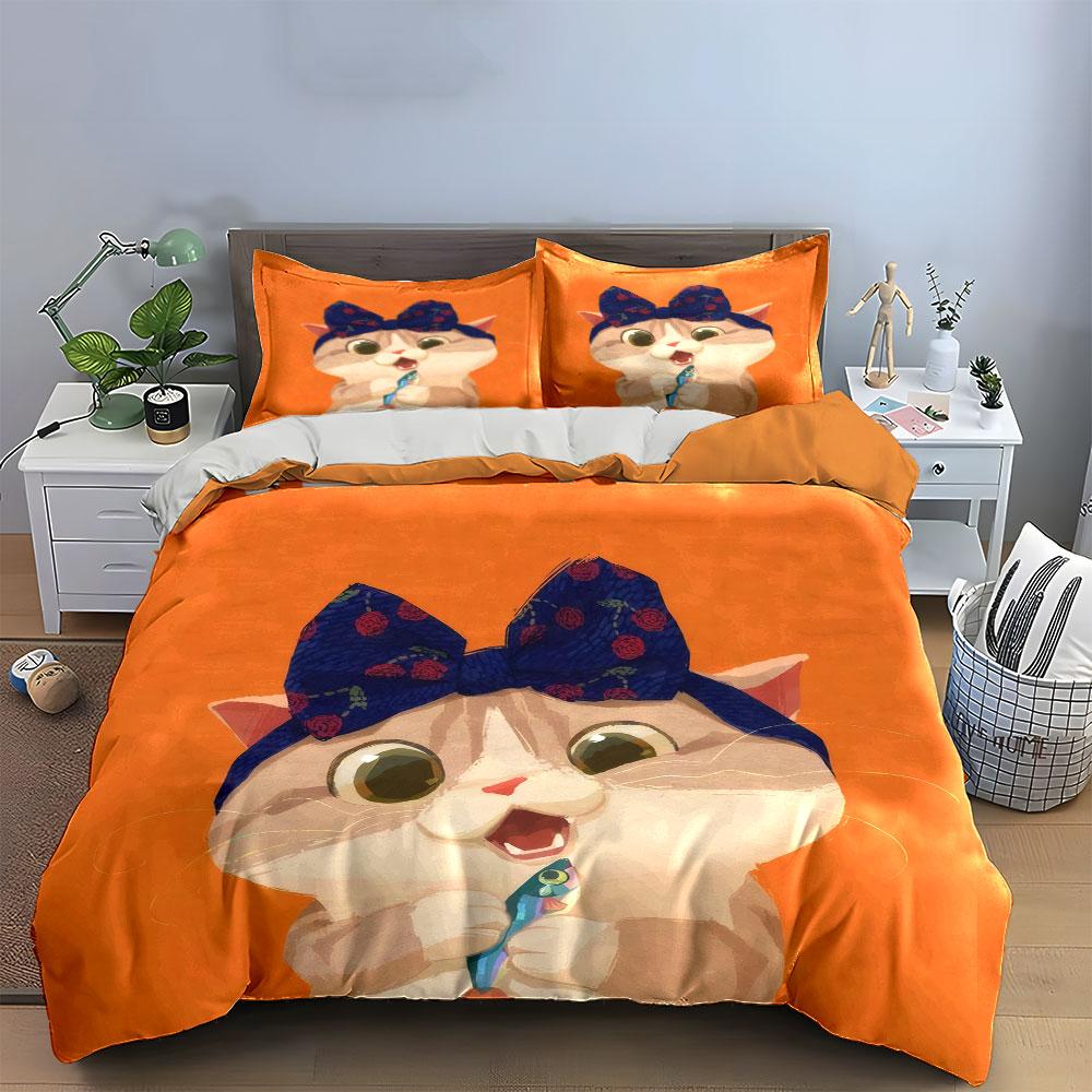 Cute Cat Decor Set Illustration Bedding Set With 1 Duvet Cover 2 Pillowcases Single Double King Queen, Gift