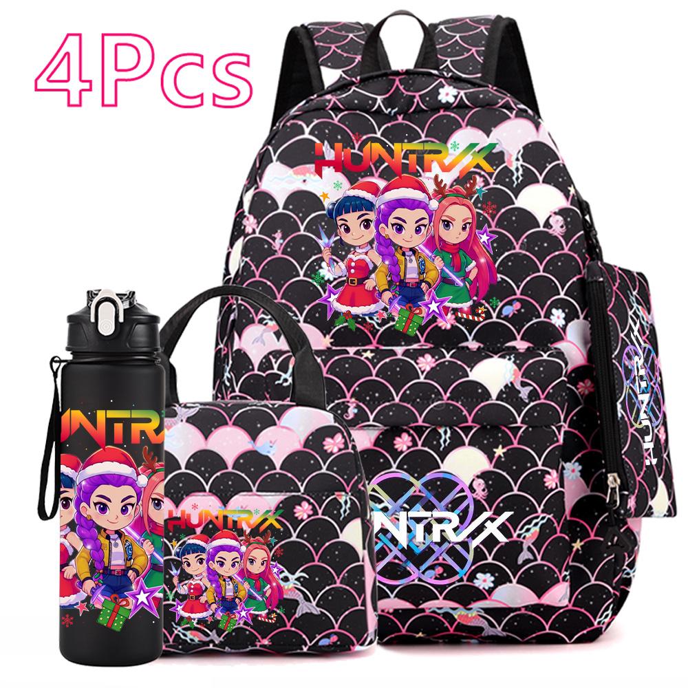 4Pcs/set Christmas Kpop Printed Backpack with Handbag Pencil Case 750Ml Water Bottler for Teenager Boy Girl Large Capacity Bookbag Schoolbag Kid Gift