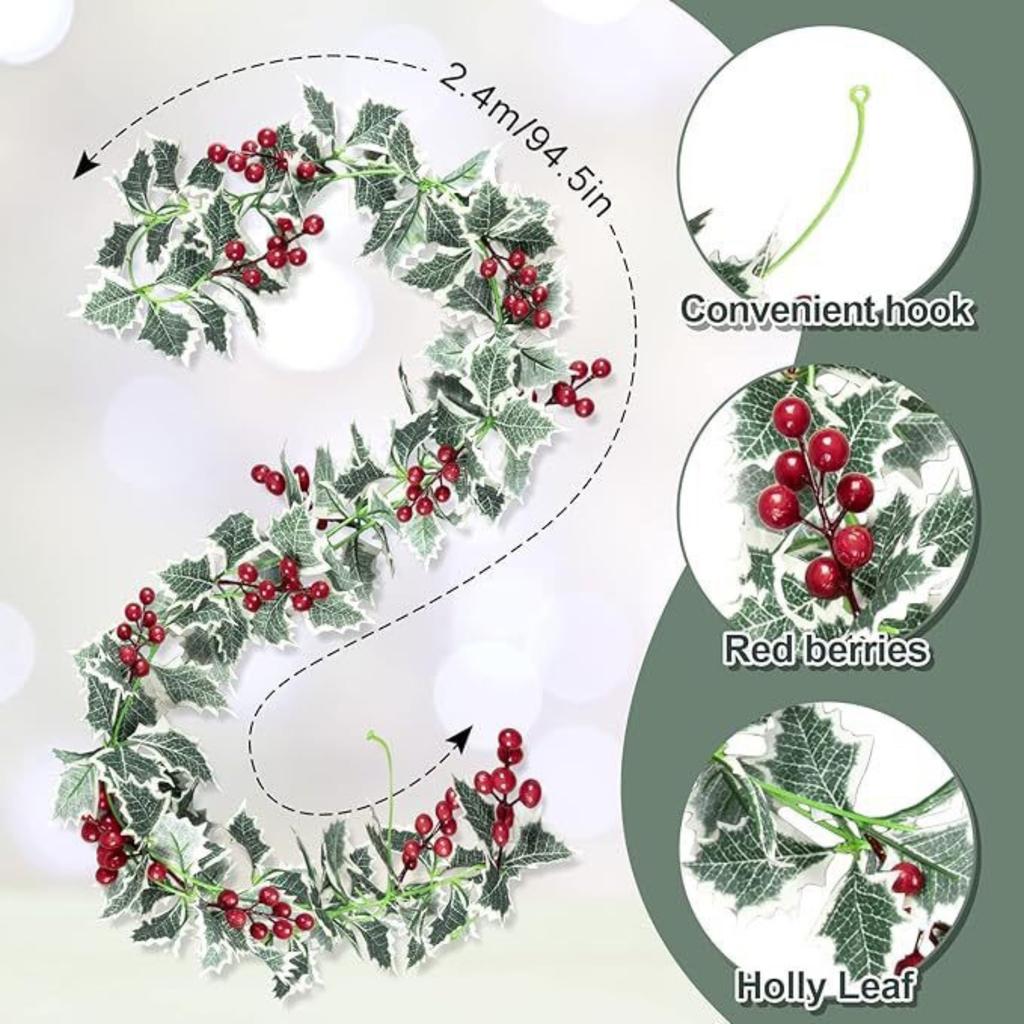2pcs 2m Xmas Berry Holly Leaves Garland Christmas Faux Garland Winter Snowy Red Berries Hanging Vine For Christmas Wedding Party Decoration
