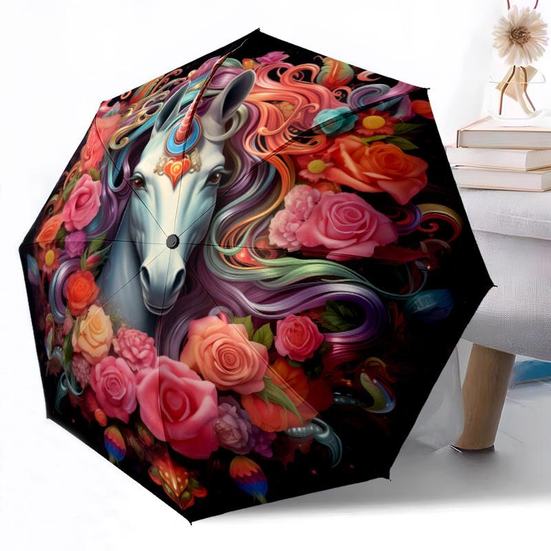 Floral Celestial Unicorn Art Outdoor Automatic Umbrella Retractable Design with 8-Rib Durability Lightweight Perfect Gift for Friends Family