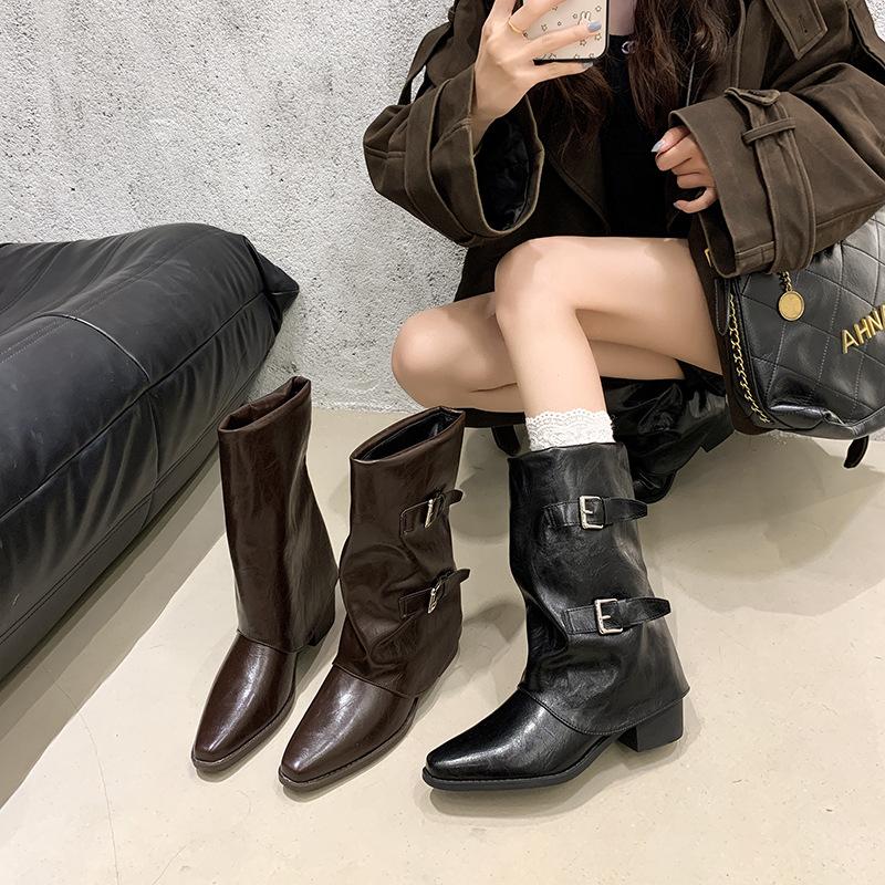 High Heel Martin Boots Women's Skinny Boots 2025 Autumn and Winter New Pointed Spice Girls Pile Pants Tube Thick Heel Super Fire Small Short Boots