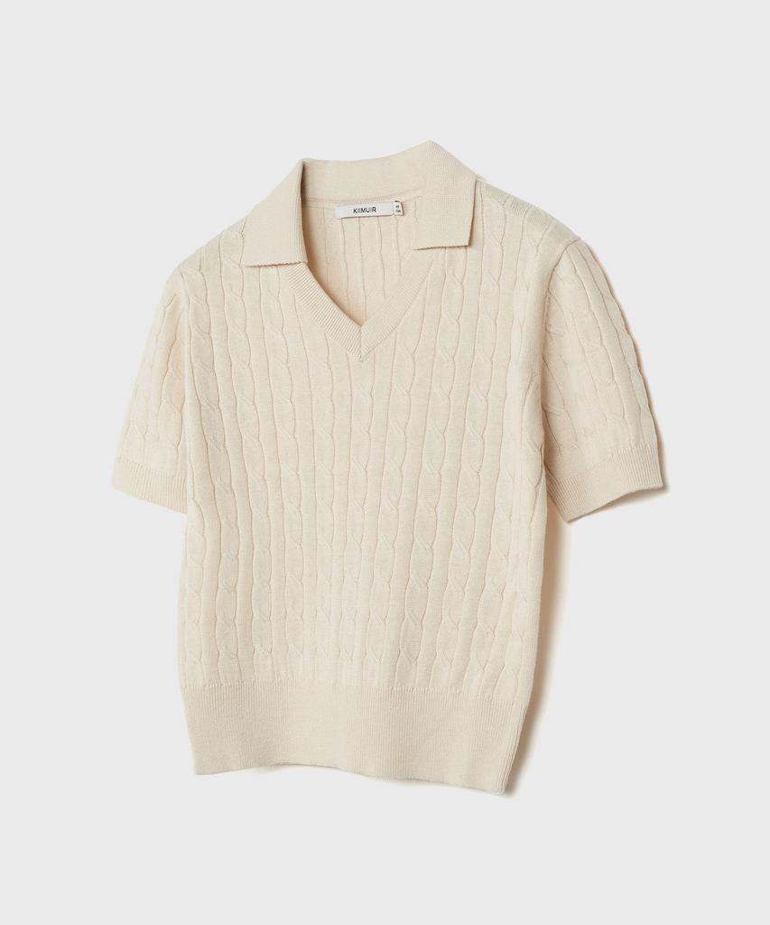 KIIMUIR (Women) Cotton Open Collar Cable Half Knit_Beige