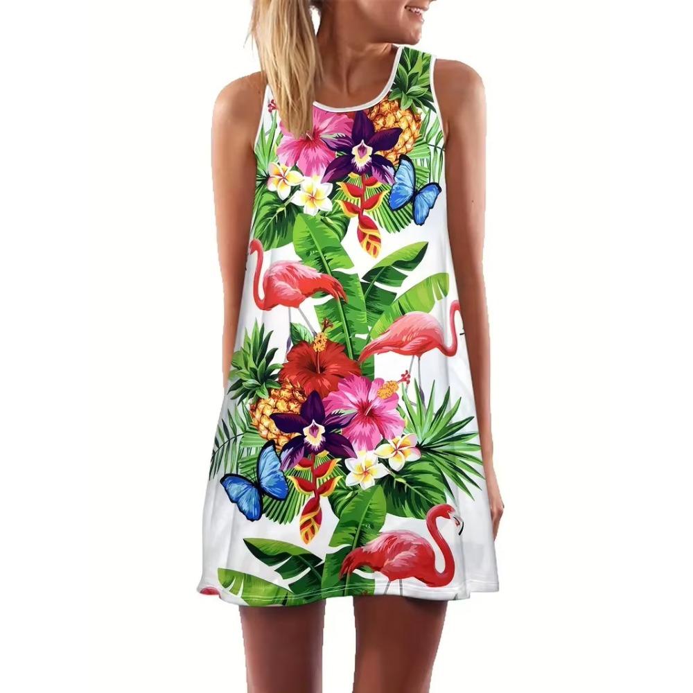 Abstract Floral Print Women's Casual Sleeveless Tank Dress Summer Vacation Casual Attire Fashion Street Wear Y2k Woman Clothing