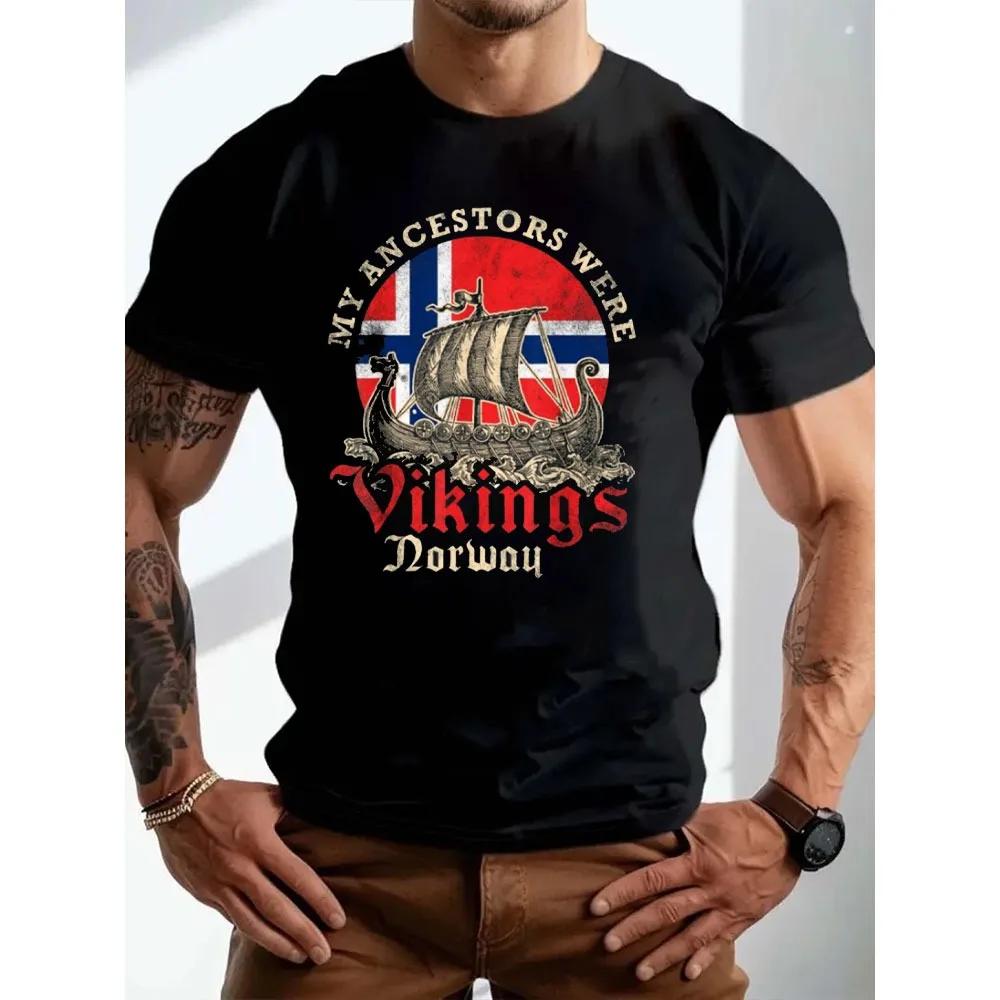 Norwegian Viking Ship Flag Gift Unisex TShirt Norway Tourist Souvenirs Tops Nautical Style Men Crewneck Cotton Short Sleeve S