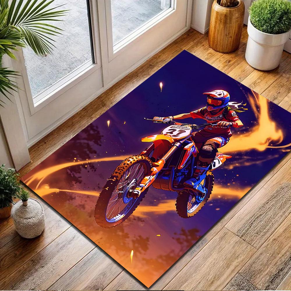"Motocross Rider in Fiery Action" Patterned carpet, non slip mat suitable for living room and bedroom sofas