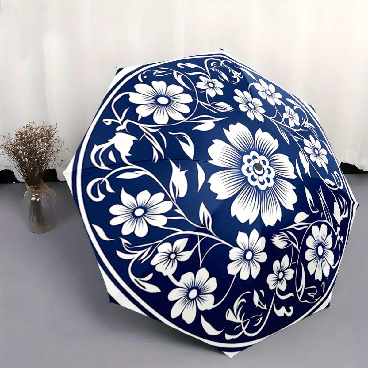 

Automatic Folding Umbrella with White Floral Patterns on Dark Blue Background - Portable Collapsible Design, 8-Rib Durable Fra
