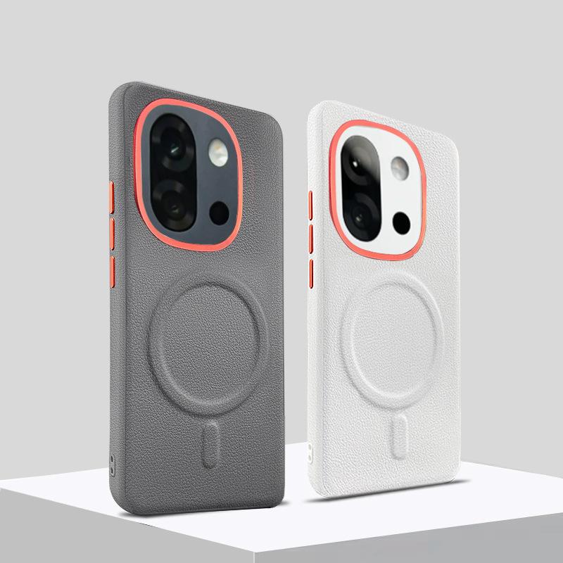 Leather Case For OnePlus 13S 1+ 13T Magsafe Metal Aluminum Alloy Lens Frame Protection Anti-slip Grip Plain Vegan Leather Cover
