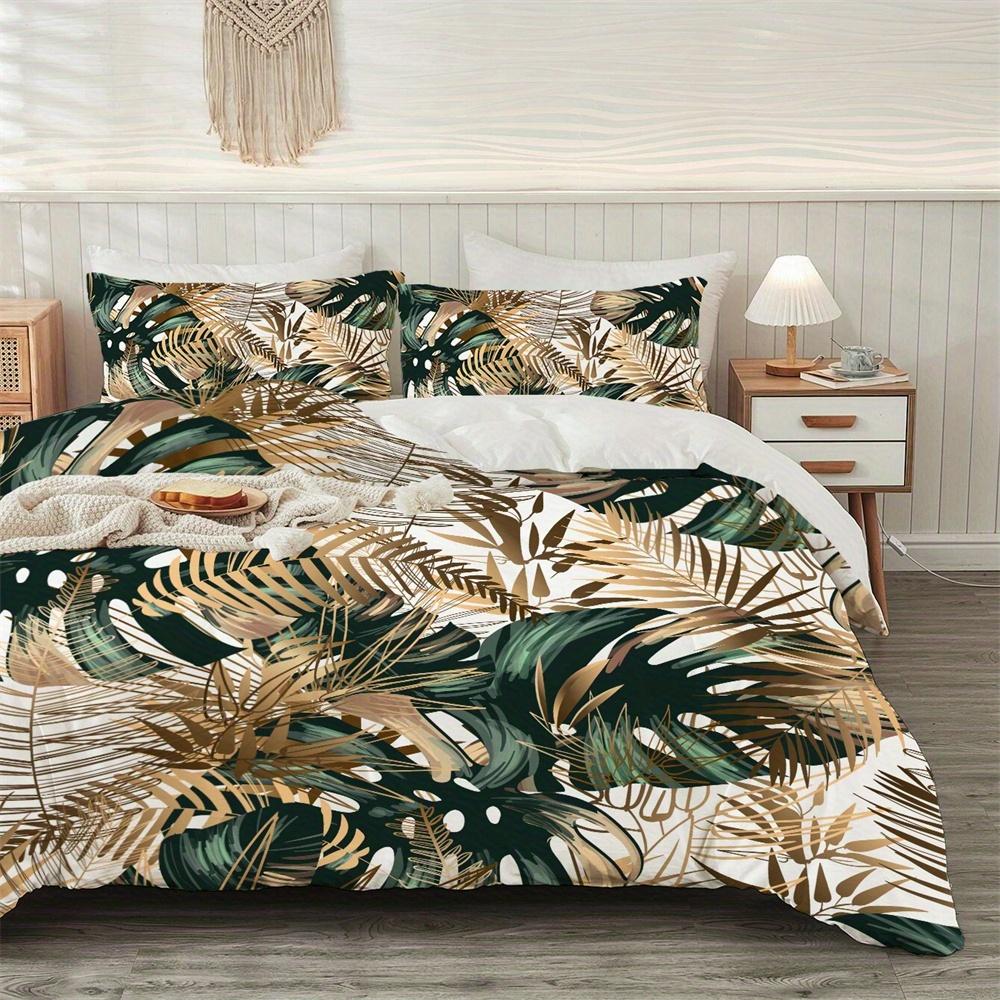 Golden Green Palm Leaf Print 2/3pcs Duvet Cover Set - 100% Polyester, Machine Washable, All-Season Comfort and Soft Bedding Set