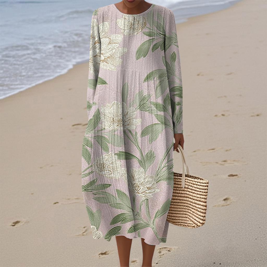 Women's Fashionable Casual Long-Sleeved Round Neck Floral Print Zipper Dress