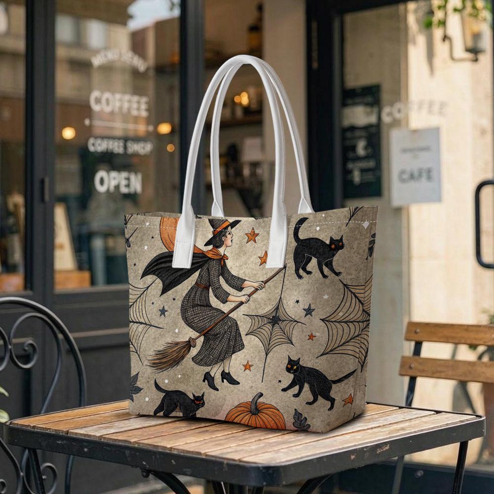 Halloween Witch Cat Print Tote Bag Fashion Vintage Daily Portable Shoulder Bag