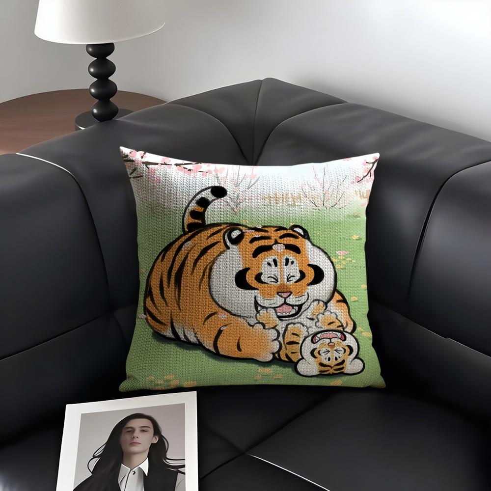 Cute Tiger Fashion Cushion Cover Natural Linen Organic Fabric DoubleSided Printing Sofa Home Decor Gift Pillow Case