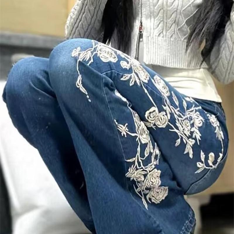 Mid Rise Retro Rose Embroidered Micro Flared Denim Pants Female Hot Girls, Slim Fit And Slimming, Flared Floor Pants