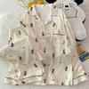 Cartoon Cute Korean Polka Dot Wrinkled Fabric Pajama Set Long Sleeve Pants Loungewear Women