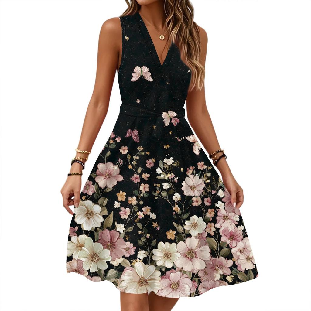 Women's Spring Summer Casual V Neck Sleeveless Waist Floral Print Midi Dress