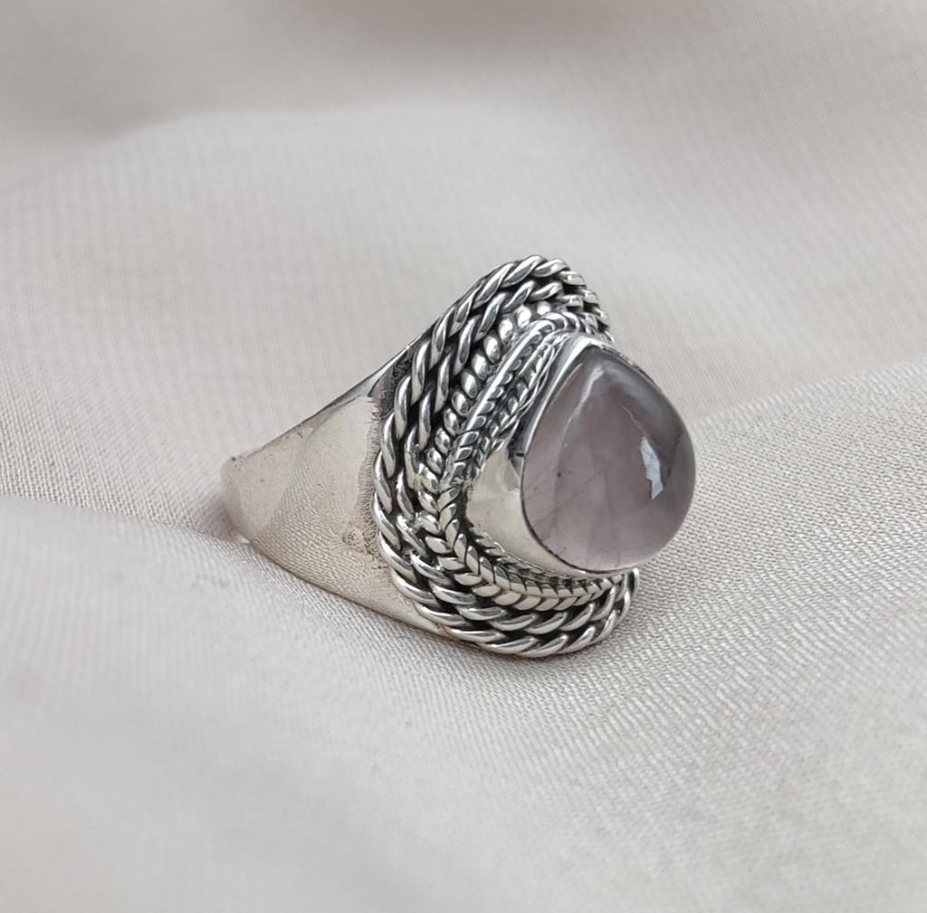 Rose Quartz 925 Sterling Silver Ring: Handmade Boho Cabochon Jewelry
