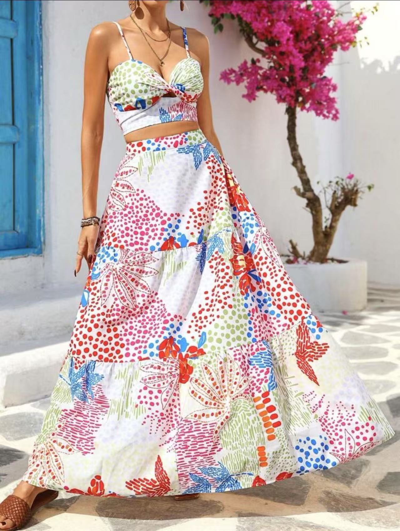 Cross-border Amazon European & American 2025 Summer New Printed Fashion Slim Fit Strap Long Skirt Set for Women XS