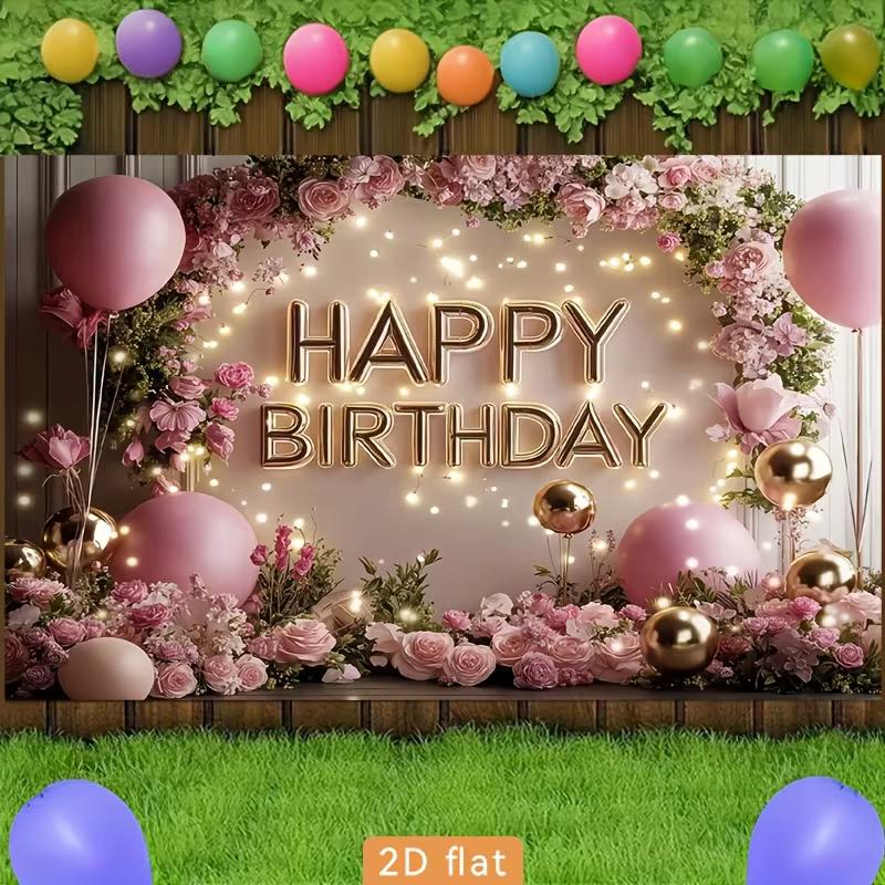 2D Pink Floral Happy Birthday Backdrop for Women/Girl Birthday Party Decoration