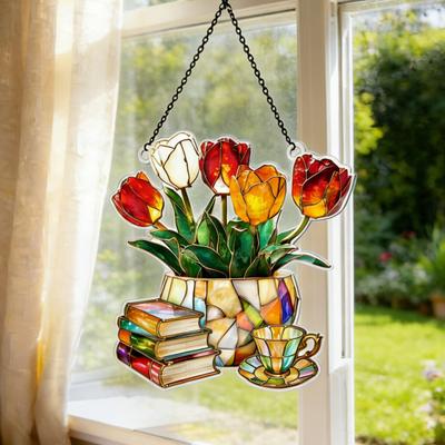 Atrapasol de Tulipán y Libro Flor Acrílica Atrapasol Decoración Colgante para Ventana para Hogar Sala de Estar Dormitorio Decoración Exterior