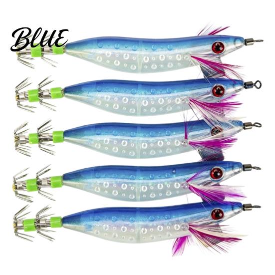 Cuttlefish Sleeve Bait 5Pcs Luminous Squid Jig Hook Kit, Saltwater Glow Fishing Jigs, In The Dark Lure Shrimp with Feather, Outdoor Tackle Bionic