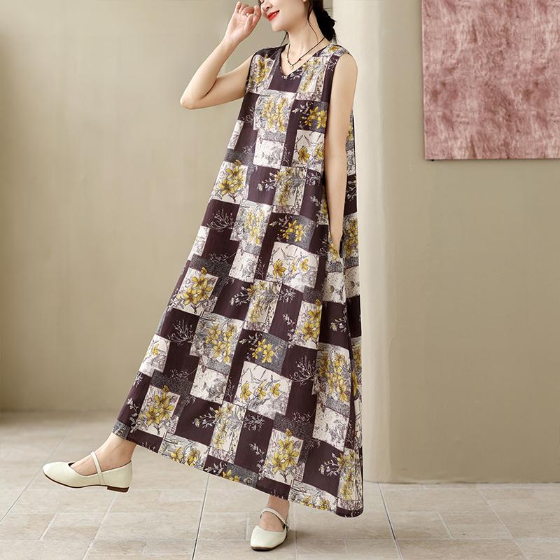 DIMANAF Nuevo 2026 Mujer Tallas Grandes Verano Playa Maxi Dama Vestido Largo Holgado Oversize Estampado Floral Vestido de Sol Ropa Chaleco Sin Mangas