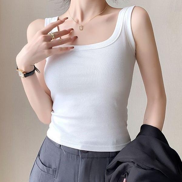 Douyin Women's Cotton Camisole: Threaded, Sleeveless, Slim Fit, Side Coverage Vest to Prevent Exposure