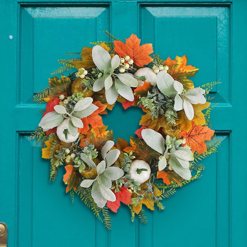 45cm Harvest festival decor wreath, pumpkin maple leaves decor wreath, Autumn decor garland, front door garland, door hanging