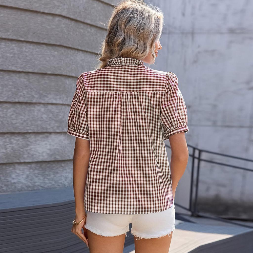 Camisa informal a cuadros de manga corta holgada con botones para mujer