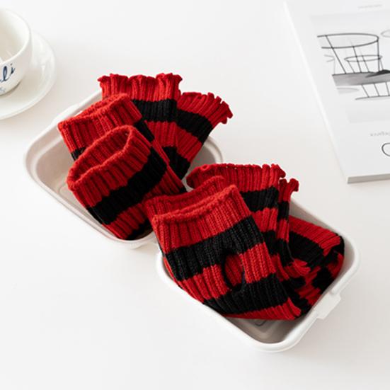 Women Arm Warmer Thumbhole Design Elbow Length Stretchy Knitted Arm Sleeves Red-Black Striped Half Finger Arm Gloves Cosplay Gloves Halloween Costume
