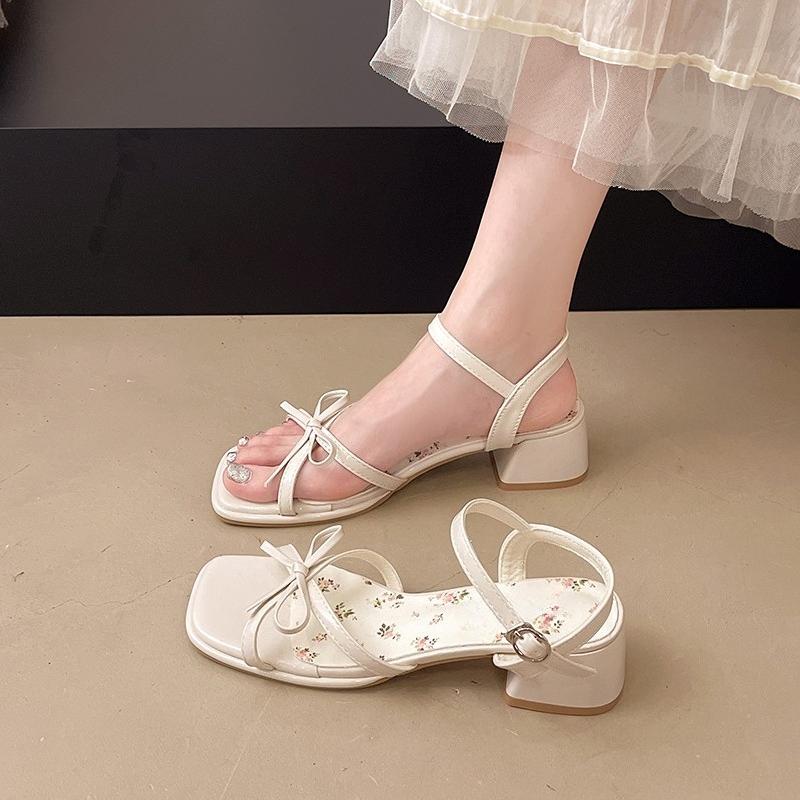 Fashion Block Heel Sandals Women's New Summer Square Toe Bow Slender Strap with Skirt One Slip Anti-Slip Wear-Resistant High Heels