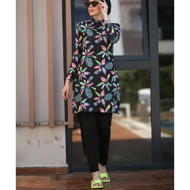 Blue Set Muslim Women Decent Branches Floral Print Seaside Swimwear Full Coverage Swimsuit Beachwear Burkini Swimsuit Set (Without Hijab)