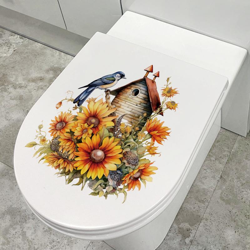 Sunflower Bird Wall Sticker for Kids Bathroom Toilet Seat Cover Decoration Self Adhesive Waterproof Home Decor