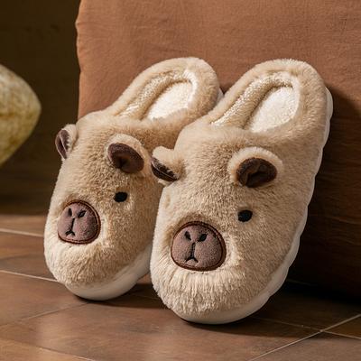 Chinelos de capivara fofos e peludos para outono e inverno, com sola grossa, para casa, quentinhos, de algodão felpudo