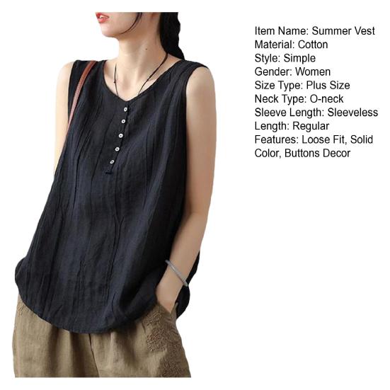 Women Summer Vest Round Neck Sleeveless Buttons Decor Tank Tops Solid Color Loose Fit Thin Camisole Streetwear