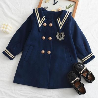 2023 Autumn/Winter Girls' Navy Wool Coat - Korean Long-Sleeved College Style
