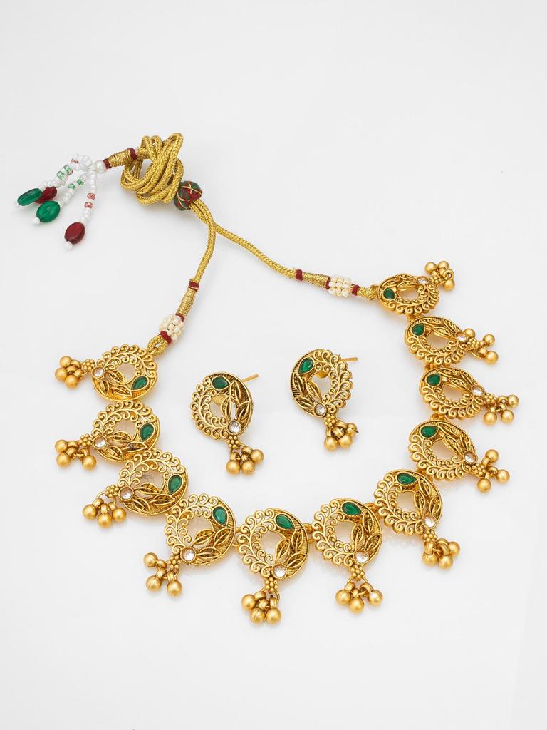 Gold-Plated Green Stone-Studded & Beaded Jewellery Set