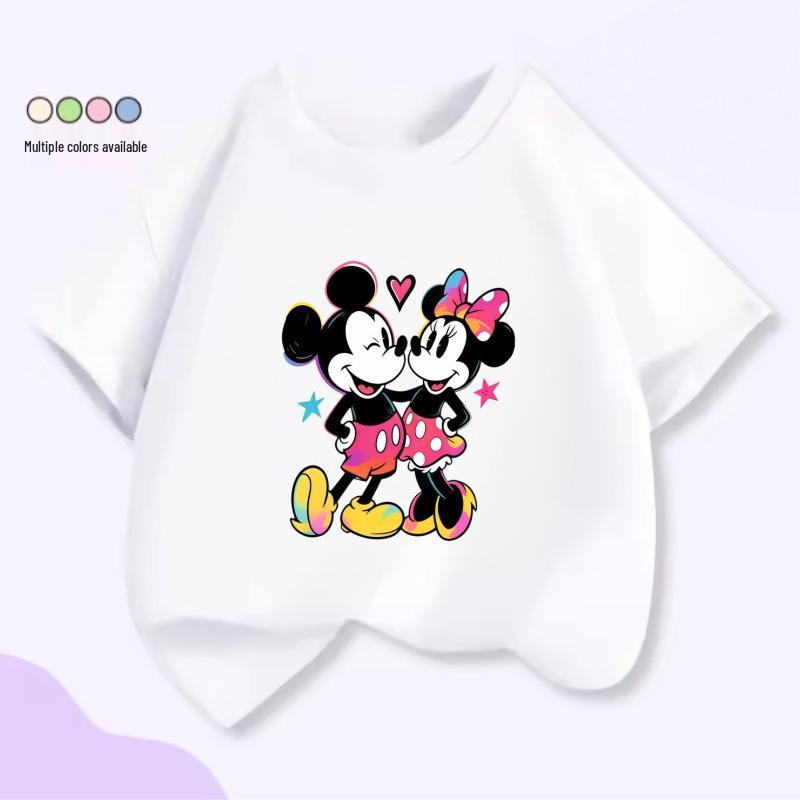 Cartoon Mickey & Minnie Print Summer Short Sleeve Cotton T-Shirt for Kids - Round Neck, Casual Fit