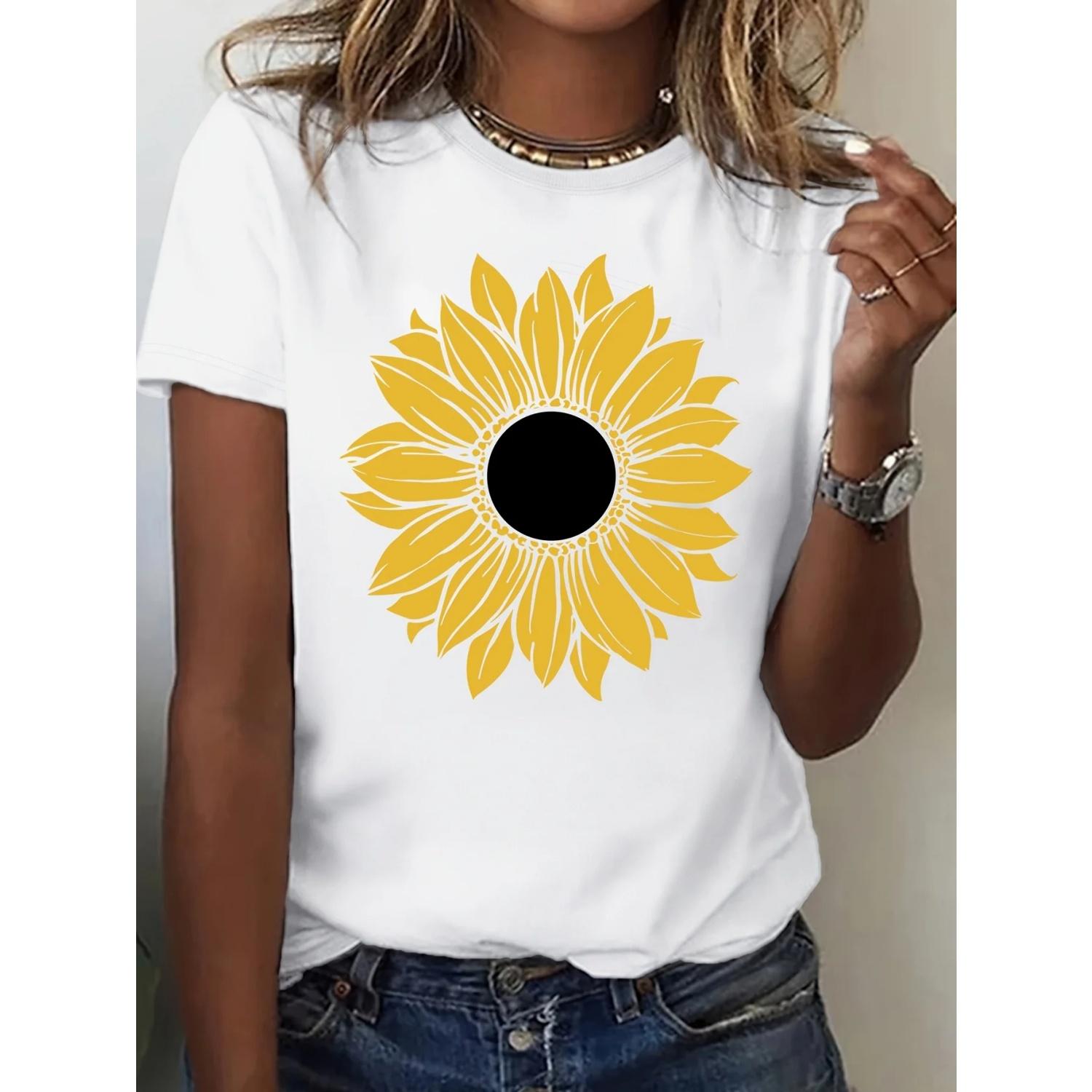 

Sunflower Print T-Shirt for Women Trendy Short Sleeve Round Neck for Spring Summer XXXXXL білий