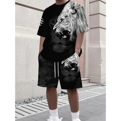 Lion Graphic Print T-shirt Shorts 2-piece Set Men's Short Sleeve Drawstring Waist Shorts Set Breathable Men's T Shirts Clothing
