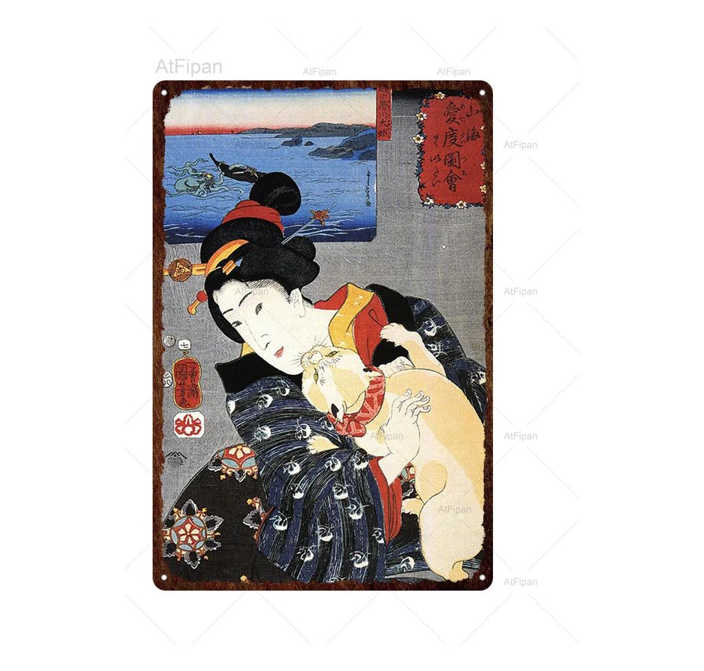 Vintage Japanese Samurai Cat Tin Sign  Retro Metal Wall Art for Home Decor  xCM  Unique Animal Tattoo Design