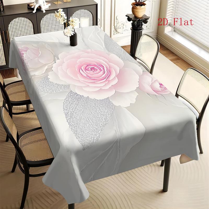 2D Flat 1pc - Elegant Pink Rose Print Tablecloth, Modern Minimalist Home Dining Table Decoration Cloth, Living Room Coffee Table Cover, Romantic Flora