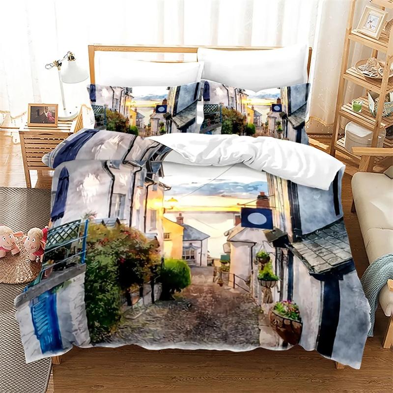 Ocean Duvet Cover Set Queen/Full Size Tropical Island with The Palm Trees and Sea Beach Nature Theme Print Polyester Bedding Set