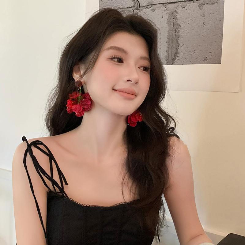 Fabric Flower Glass Bead Fringed Earrings Fashion Super Fairy Stud Earrings Sweet Small Fresh Earrings Women's High Sense