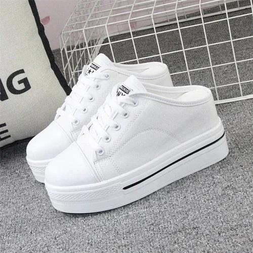 Fashion Elegant Black White Canvas Platform Wedge Slippers Women Mules Shoes Leisure Stealth Increase Slippers Woman Closed Toe Sandals