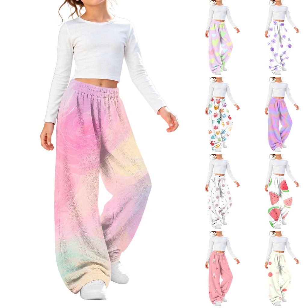 Girls' Flannel Printed Pants, Warm Loose Fit Casual Trousers for Fall and Winter